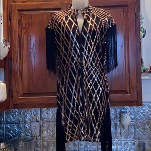 New Rosegold sequined black dress with tassels Lg